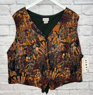 Vintage First Class Womens Vest Size 2XL Abstract Floral Beaded New Button Front